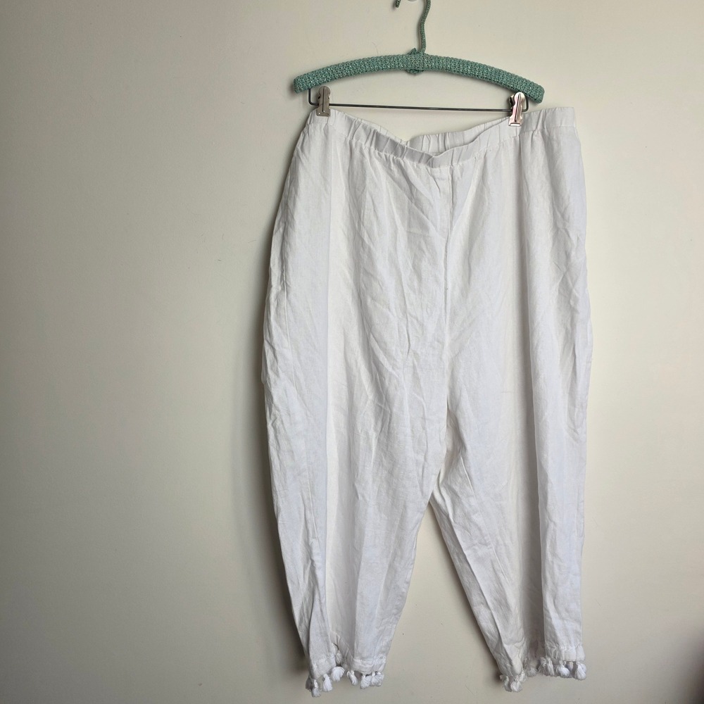 Cynthia Rowley Size 3X White Linen Blend Tassel Trim Cropped Pants Elastic Waist